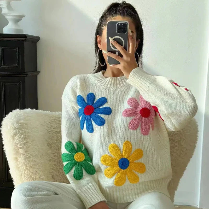 vzyzv  -  Autumn Knitted Women Sweater Sweet Flower Loose Long Sleeve O-neck Female Pullovers 2025 New Casual Loose Ladies Tops Streetwear