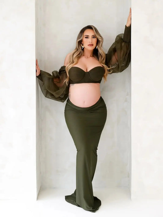 nvxiot  -  Blackish Green Tulle Maternity Photography Dress Set Off-shoulder Plus Size Sexy Pregnancy Gown for Women Photoshoot 2024