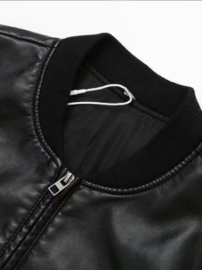 vzyzv  -  Fashion Retro Pu Leather Bomber Jacket For Women Zipper Round Neck Long Sleeve Coats 2024 Chic New Female Commuting Streetwear