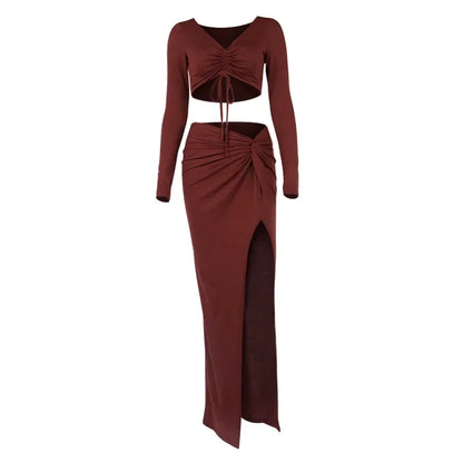 nvxiot  -  European and American Autumn 2024 New Women's V-neck Pleated Crop Top High Slit Long Skirt Two-piece Street Style Suit Women