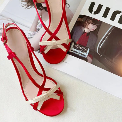 vzyzv -  Open-toed Red Stiletto Bow Buckle with Sandals Women's Summer 2024 New Sexy Sweet High Heels