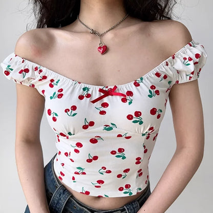 TAVIMART  -   Short-Sleeved Word Collar Cherry Print Exposed Navel European And American Girls Summer Slim Spice Girl Jacket Short Paragraph