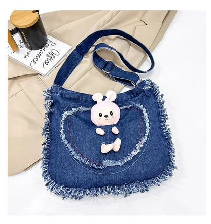 vzyzv  -   High-capacity Canvas Heart Handbags Casual Sweet Tassel Shoulder Bag Cartoon Cute Rabbit Doll Kawaii Denim Crossbody Bags Women