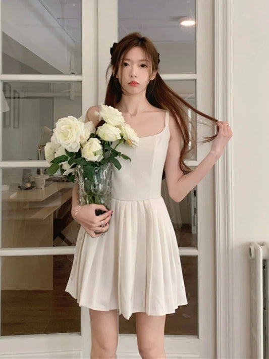 vzyzv  -  Pleaded White Dress Women A-line Summer Fashion Camisole Dress Korean Style Kawaii High Wasit Chic Vestidos 2024 Solid