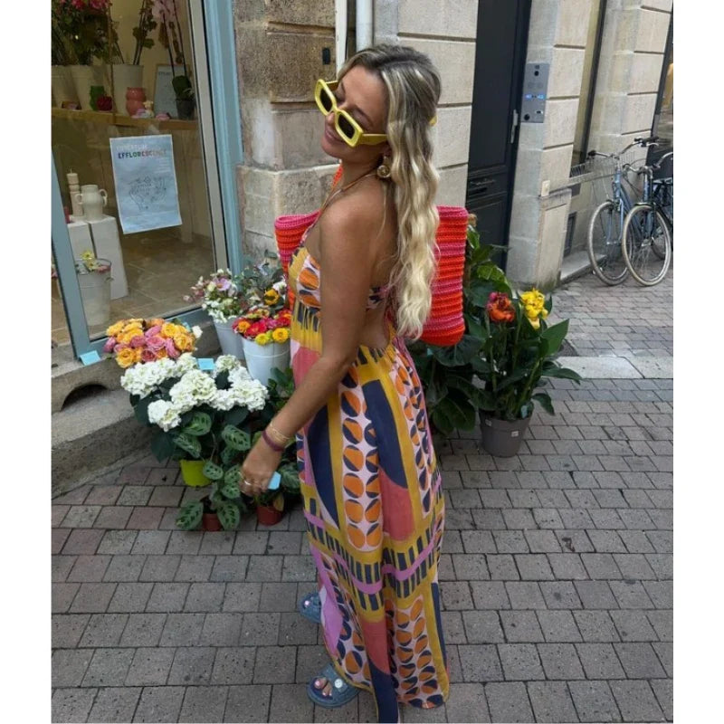 vzyzv -  Neck Print Dress Sexy Maxi Dress Beach Backless Sleeveless High Waisted Women's Summer Swing Bohemian Retro Dress