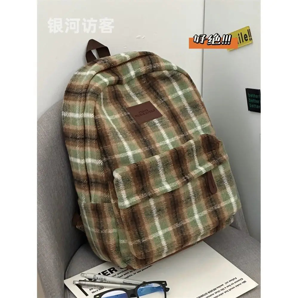 vzyzv  -  Japanese Ins Retro Plaid Bag in Autumn and Winter Female Korean Minority Leisure Joker Backpack Trend of College Students