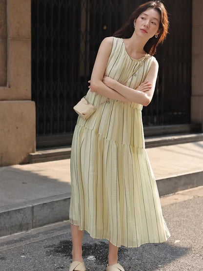 nvxiot  -  Loose Striped Dress 2024 Summer Small Fresh Round Neck Tie Fashion Casual Temperament Long Skirt