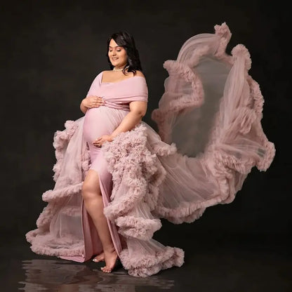 nvxiot  -  Dusty Pink Maternity Dresses for Babyshower Elegnat Off The Shoulder Ruffles Vestidos For Pregnant Woman Slit Photoshoot Props