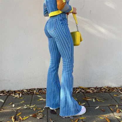 vzyzv  -  Women Stretch Flare Hips Wrap Jeans Lady Vintage Y2K Punk Blue High Waist Denim Pants Lady Streetwear Striped Plaid Trousers