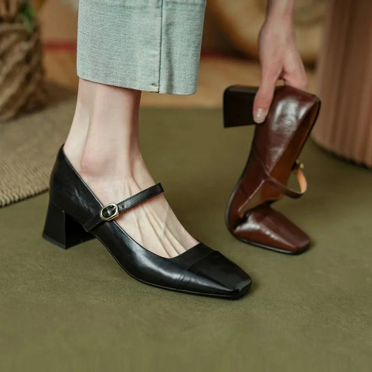 vzyzv  -  Sheepskin Pumps Woman Mary Jane One Strap Retro Cozy Med Heels Spring Autumn Buckle Pumps French Style Simple Shoes On Heel