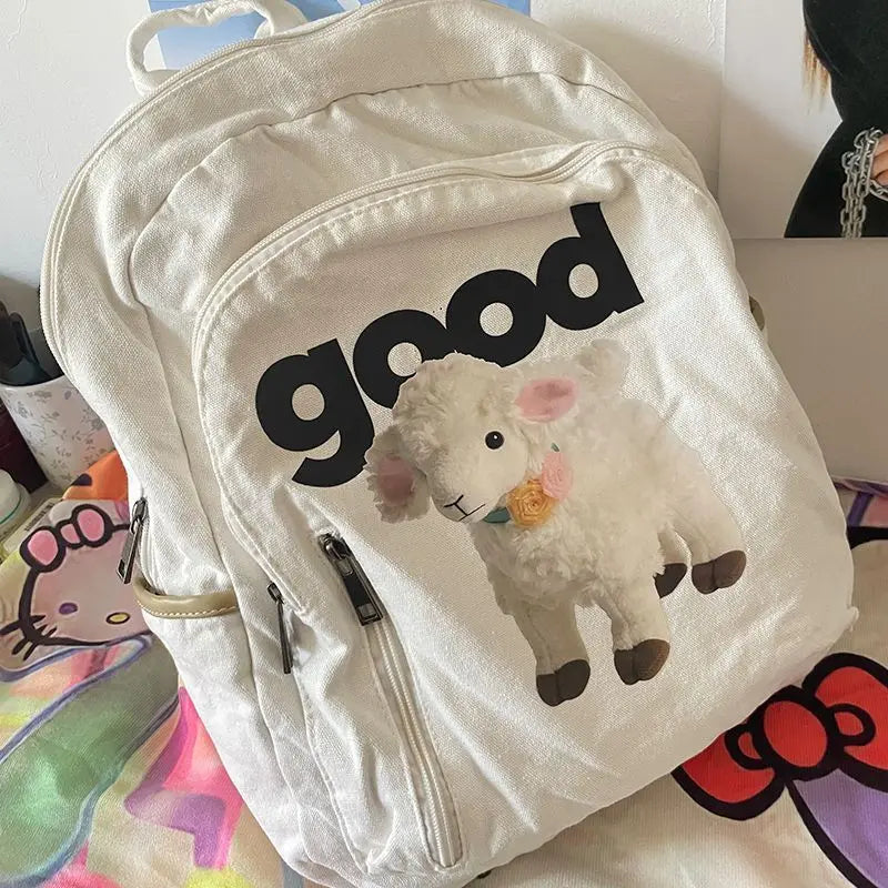 vzyzv  -  Japanese Cartoon Cute Sheep Letter Printed Women Canvas Bag Y2k Sweet Cool Girls Schoolbags Casual All Match Travel Backpacks