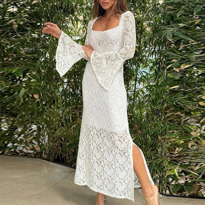 vzyzv  -  Lace Embroidered Slim Lady Long Dress Elegant Square Neck High Waist Split Party Dress Casual Flare Sleeve Hollow Wrap Hip Dress