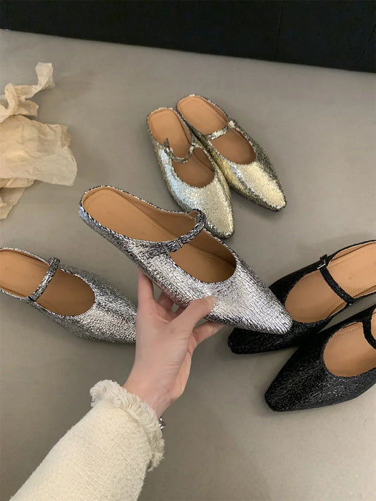 vzyzv  -   Four Season Women Mule Slip-on Comfortable Walking Shoes Elegant Pointed Toe Slipper Street Leisure Slides Dress Flats Sandalias