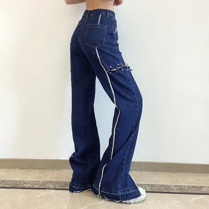 nvxiot  -  Blue Denim Trousers Women Harajuku Sexy Bandage Hollow Out Jeans Pants Patchwork Split Street Aesthetic Capris Full Length 2024