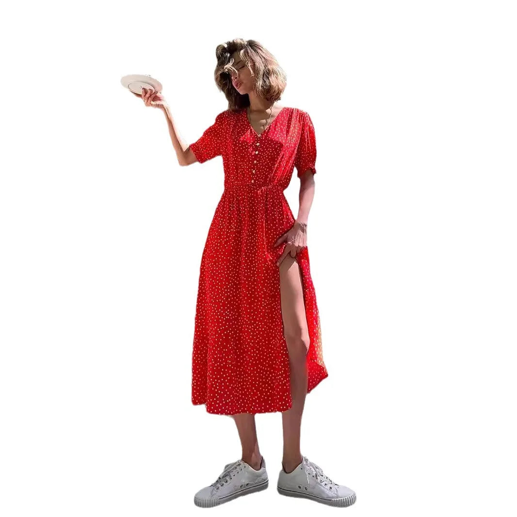 vzyzv  -  Summer Elegant Dot Long Dress Women V Neck Single Breasted Short Sleeve High Split Casual Fashion Streetwear Red Robes