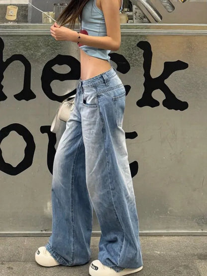 vzyzv  -  Fashion Street Blue Washed Low Rise Straight Jeans Women Summer Retro New Loose Korean Street Casual Wide Leg Jeans