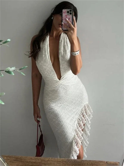 vzyzv -  Fashion Lace White Long Dress For Women V-Neck Sexy High Waist Hollow Out Slim Summer Backless Dress Women's Maxi Dress