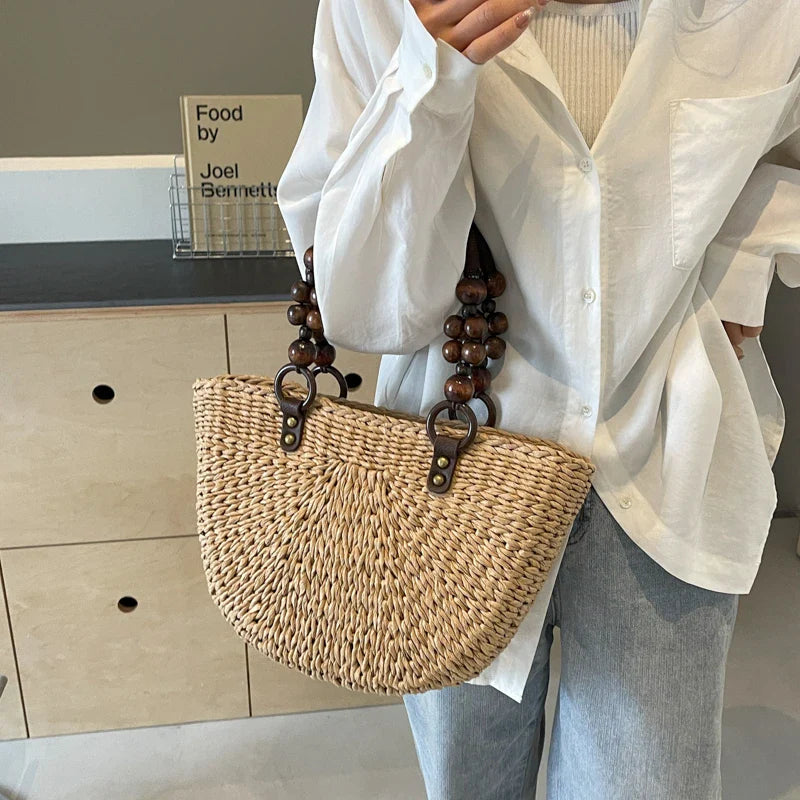 vzyzv -  Khaki Straw Bag For Women Half Moon Design Beach Shoulder Bag With Short Handle Tote Summer Travel Handbag Fashion Handmade Bag