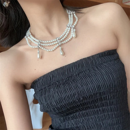 vzyzv  -  Trendy Korean design exquisite gift jewelry 3 layers diamond pearl necklace for women