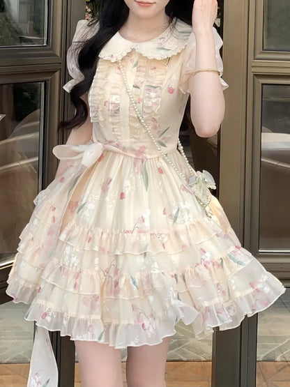 vzyzv  -  Sweet Elegant Lolita Mini Dress Women Summer Short Puff Sleeve Dollr Collar Fairy Dress Girls Y2k Korean Floral Dresses