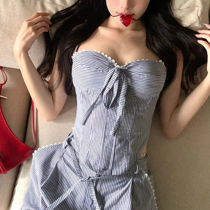 vzyzv  -  Summer New Korean Lace-up Pleated Sexy Slim Camisole Women + Contrast Color Striped Loose Wide Leg Pants Two-piece Suit