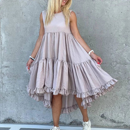 nvxiot  -  Casual O-neck Ruffled Swing Dress Women Fashion High Waist Pleated Party Dress Sexy Hollow Out Sleeveless Solid Color Vest Dress