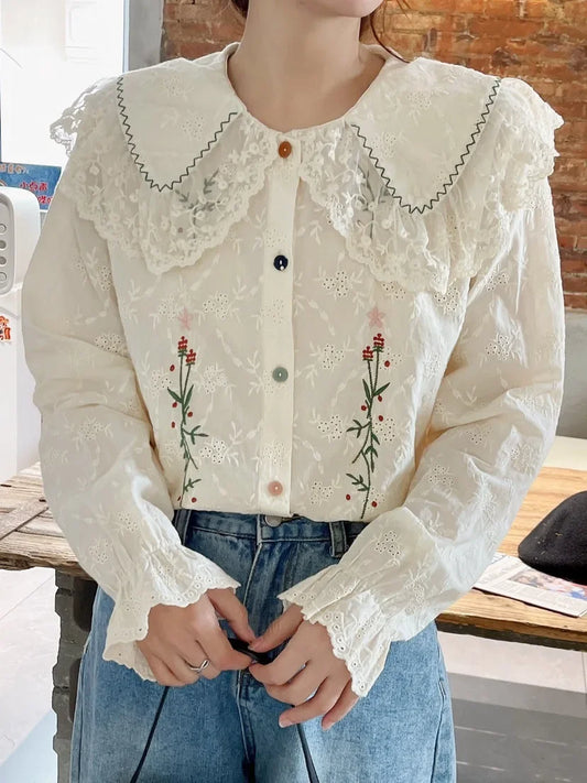 nvxiot  -   New Women Shirt Peter Pan Collar Vintage Style Basic Shirts Petal Sleeve Embroidery Boho Blusas Mujer Cotton Shirts Top