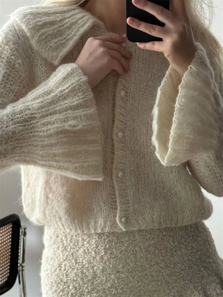 vzyzv  -  Knit Sweater Cardigan Outwear Women's Lapel Long Sleeve Patchwork High Waist Cropped Top Streetwear Female Knitwear Coat