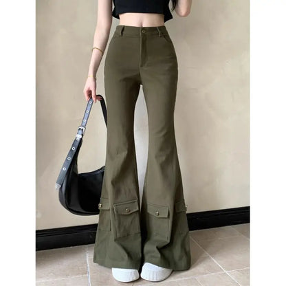 vzyzv  -  Cargo Jeans, Army Green Multi-Pocket Women'S Slimming American Retro High-Waisted Boot-Cut Trousers Floor-Length Trousers