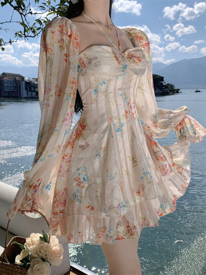 vzyzv -  Holiday Style Summer Dress Fairy Printedoff Shoulder Long Sleeved Chiffon Dress Women Beach Outfit A-line Short Mini Dress