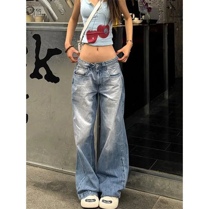 vzyzv  -  Fashion Street Blue Washed Low Rise Straight Jeans Women Summer Retro New Loose Korean Street Casual Wide Leg Jeans