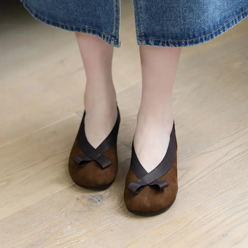 vzyzv  -  Pea Shoes Genuine Leather Soft Sole Brown Retro Wide Toe Slip-On Mommy Flats One Pedal Slip-on Flat New Women's Shoes