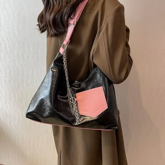 vzyzv  -  High-capacity Contrast Color Chain Office Lady Bags Vintage Korean Shoulder Underarm Bag Y2k Aesthetic Women Casual Tote