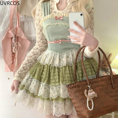 vzyzv  -  Sweet Lolita Lace Cake Skirt Women Pink Vintage Elegant A-line Mini Skirts Female Korean Fashion Preppy Style Pleated Skirt