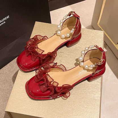 vzyzv -  Thick Heel Sandals Women's Summer New Pearl Button Soft Mary Jane Evening Style Single Shoe Women leather shoe 5cm red