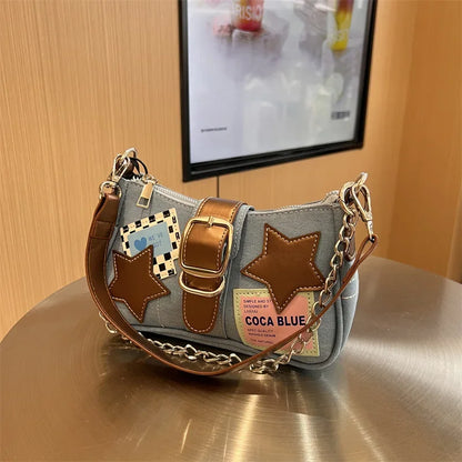 vzyzv  -  New Korean Vintage Denim Shoulder Bag Y2k Star Patchwork Chain Women Bag Hottie Streetwear Trendy Purses and Handbags