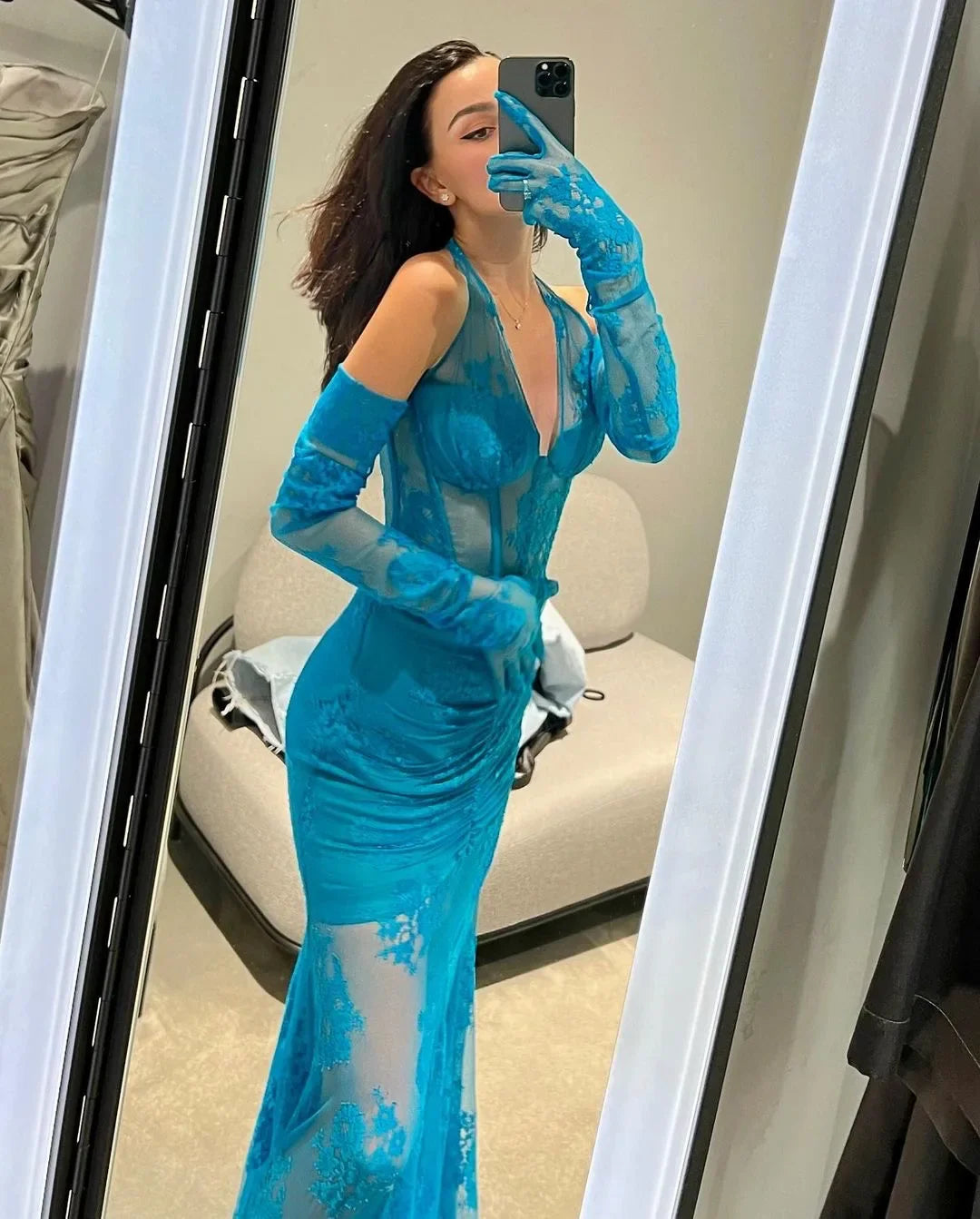 vzyzv  -  Fashionable Gloves Blue See Through Lace V-Neck Halter Mermaid Dress Elegant Goddess Evening Dress Celebrity Party Vestido