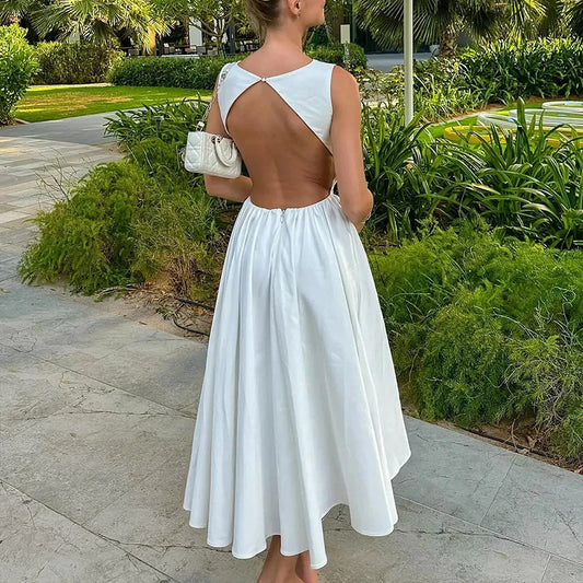 vzyzv  -  Summer Elegant Backless Long Dress Women Solid White O Neck Sleeveless Patchwork Pleated Casual A-line Robe Streetwear