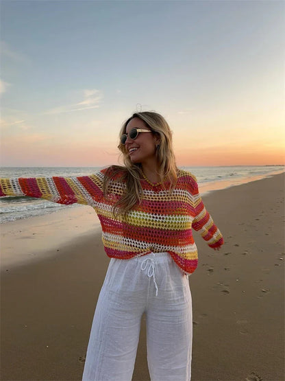 vzyzv -  New Summer Women's Casual Versatile Knitted Colored Stripe Long sleeved Round Neck Loose Knitted Top