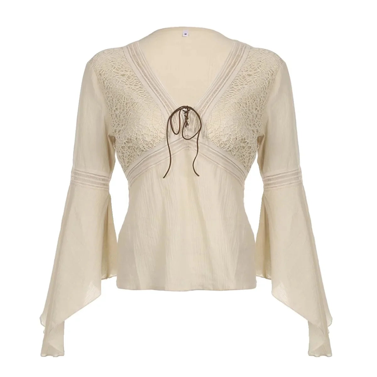 vzyzv  -  French V-Neck Flared Sleeve Shirt With Retro Hollow Out Design For Women, New Style Temperament Lace Chiffon Top