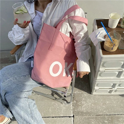 vzyzv  -  Korean Pink Shoulder Bags Women All Match Ins Canvas Tote Bag High-capacity Preppy Sweet Letter Print Handbags Y2k Simple