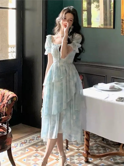 nvxiot  -   Summer Elegant Party Dress Lady puff Sleeve Beach Dress Woman Vintage square Floral One Piece cake Dress