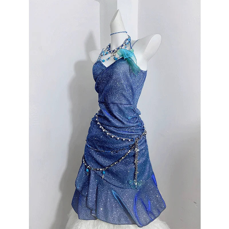 TAVIMART  -  Dress Blue Sea Glitter Suspender Princess Sexy Hip-Hugging Fishtail Dress Stunning Little Skirt For Women