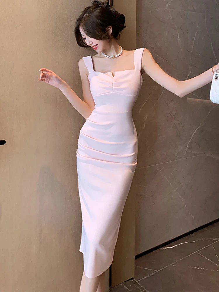 nvxiot  -  2024 Pink Bodycon Hip Wrap Dress Summer White Pleated Square Collar Sling Long Dress 2024 Black Elegant Sexy Club Evening Dress