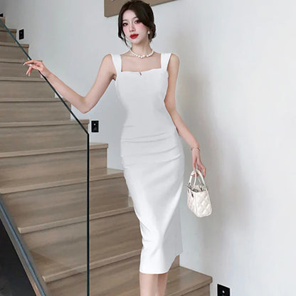 nvxiot  -  2024 Pink Bodycon Hip Wrap Dress Summer White Pleated Square Collar Sling Long Dress 2024 Black Elegant Sexy Club Evening Dress