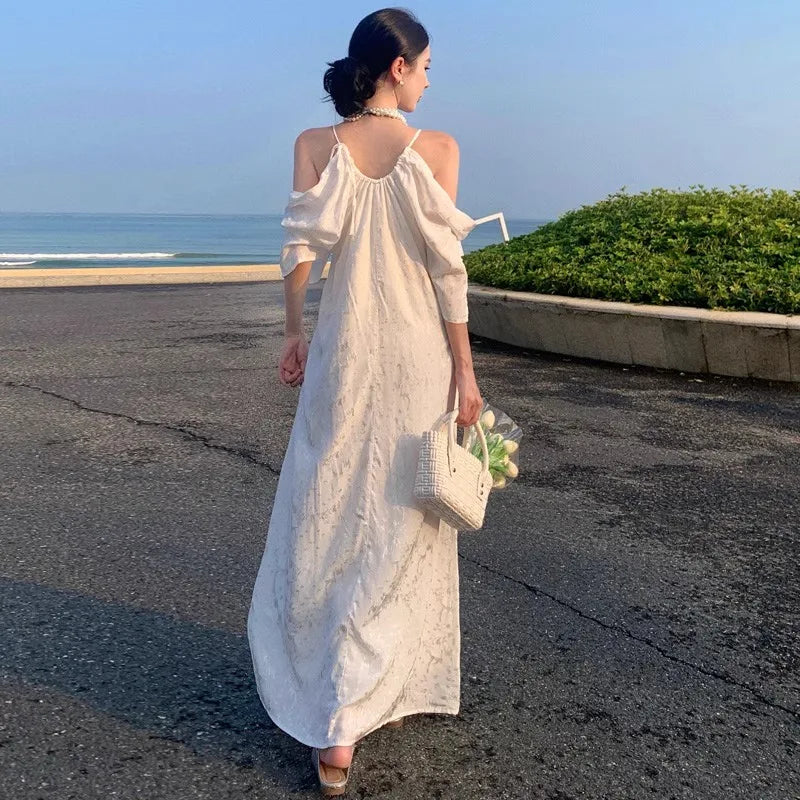 nvxiot  -  Hanging Neck Off Shoulder Dress, Women'S White Jacquard Design, Unique And Beautiful Temperament, Seaside Vacation Long Dress