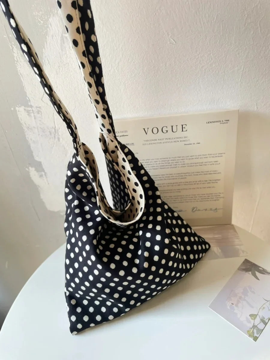 vzyzv  -  Niche Double-sided Black White Polka Dot Bags Female Shoulder Bag Casual All-match Retro All-match Simple Canvas Bags