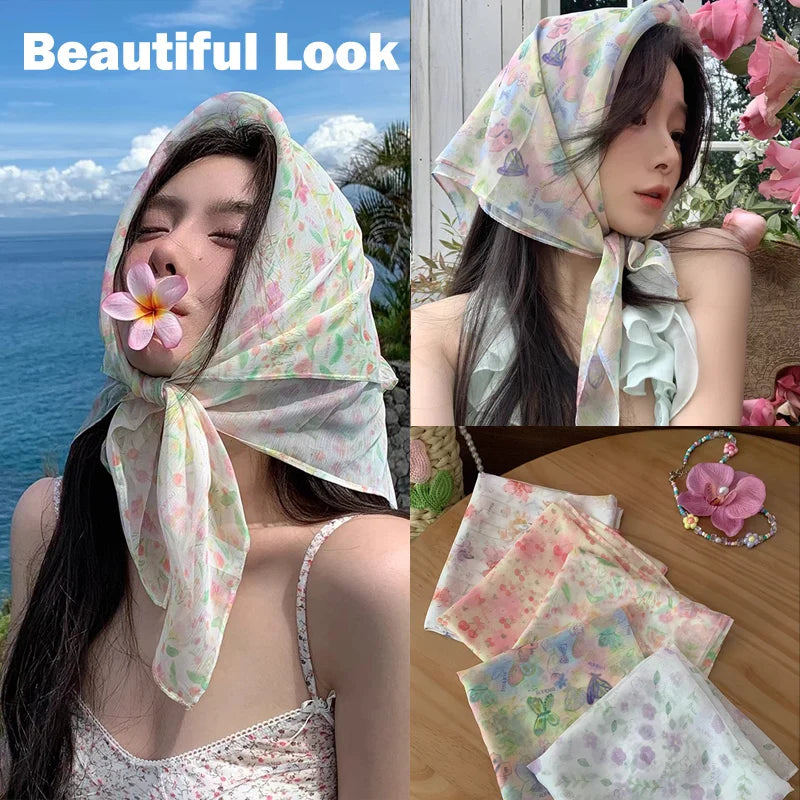 vzyzv  -  French Floral Headscarf Spring Summer Artistic Chiffon Square Scarf Beach Retro Hair Scarf Women Travel Photo  Accessories