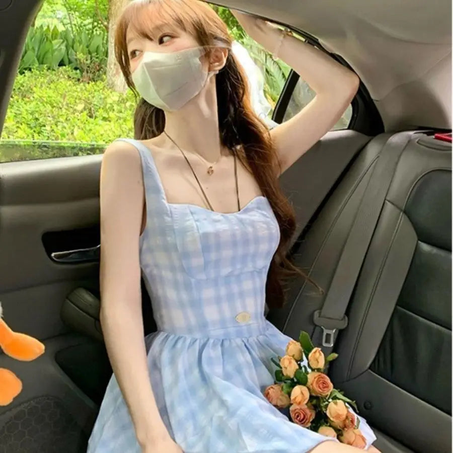 vzyzv  -  Blue checkered halter dress female waisted sweet little fresh bud fluffy skirt sub Korean fashion summer new women's clothing