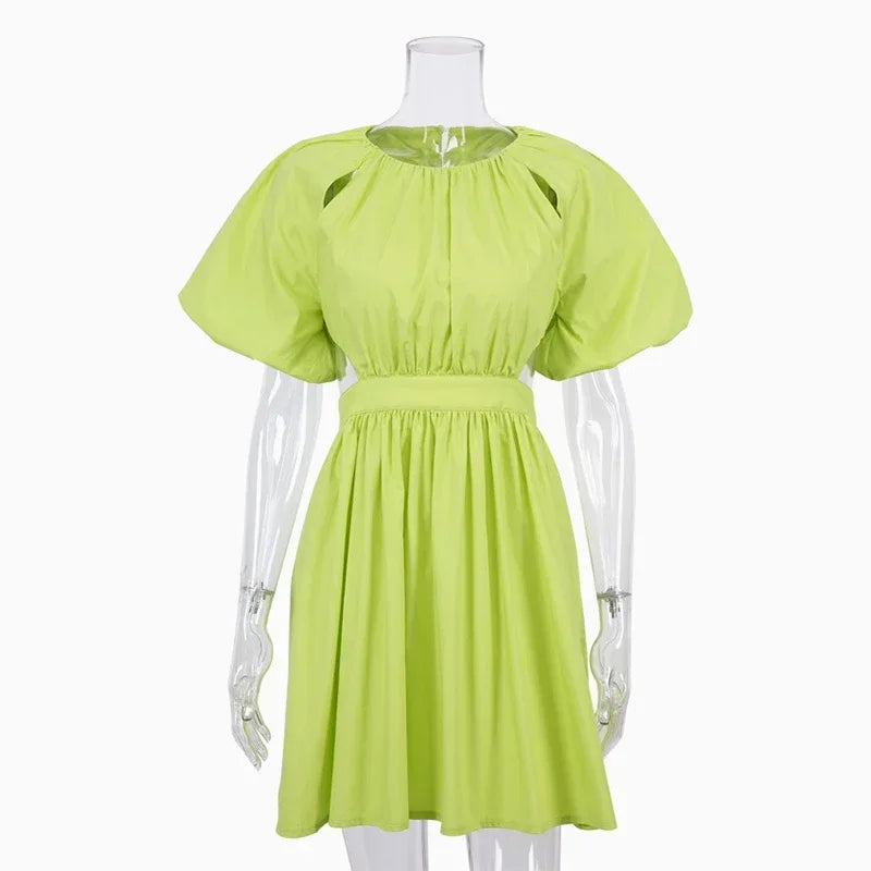 nvxiot  -  Green Puff Sleeve Elegant Woman Summer Shirt Dresses Female Zipper Fashion Spring Vintage Sexy Backless Casual Vestido  New